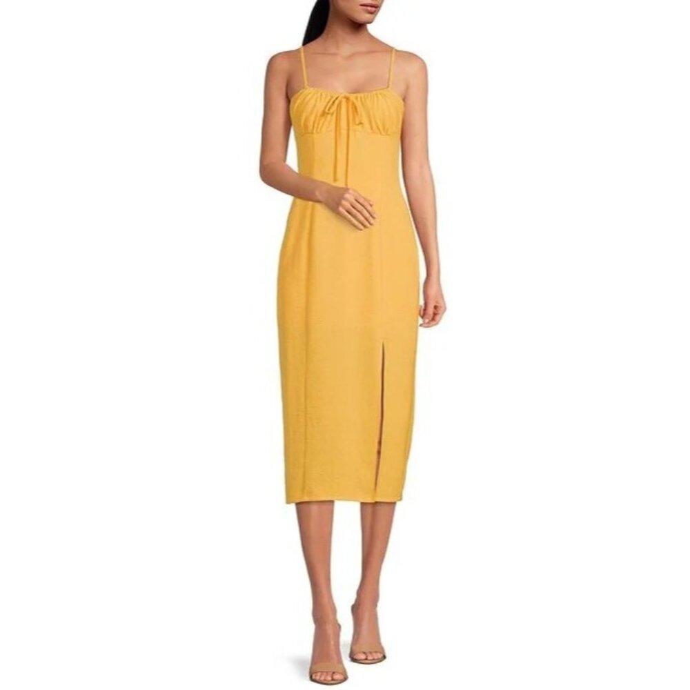 Gianni Bini Maya Ruched Tie Sweetheart Neck Midi Dress Size 2 Mustard Yellow